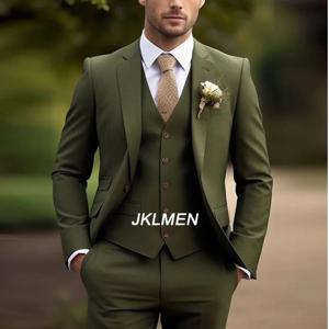 육군 녹색 비즈니스 정장 남자 턱시도 신랑 Groomsman 댄스 파티 웨딩 파티 공식 3 조각 세트 자켓 조끼 바지