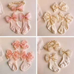 2Pcs 아기 활 머리띠 양말 세트 유아 소년 소녀 레이스 인쇄 Bowknot 탄성 헤어 밴드 터번 솔리드 소프트 양말 키즈 액세서리