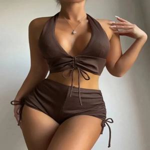 섹시한 하이웨이스트 비키니 반바지 투피스 수영복, 여성 비키니 세트, 다크 브라운 수영복, 브라질 비키니, 2024