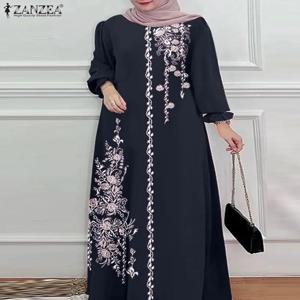 여성 세련된 꽃 프린트 맥시 드레스 이슬람 Abaya ZANZEA Eid Mubarak 가운 우아한 긴 소매 캐주얼 Vestidos Kaftan IsIamic
