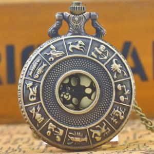Steampunk 빈티지 청동 12 별자리 중공 석영 주머니 시계 목걸이 펜던트 시계 체인 남성 여성 체인 선물
