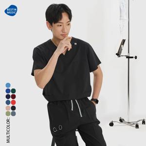 Bestin 블랙 닥터 간호사 스크럽 세트 폴리 에스터 스판덱스 여성 남성 외과 의사 복장 치과 의류 애완 동물 병원 유니폼 S21