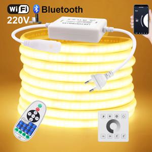 와이파이 블루투스 COB LED 네온 스트립 조명, 벽 터치 23 키 리모컨 220V 조광기 전원 키트, 5m, 10m, 20m, 0.5m, 240LED/m 플렉스 램프