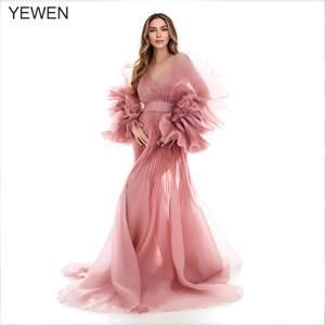 V 넥 주름 장식 오간자 출산 드레스 사진 촬영용 임신 긴 드레스 출산 촬영용 베이비 샤워 드레스 YW243116