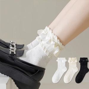 여성용 귀여운 로리타 양말 세트, 여성용 레이스 양말, 귀여운 블랙 화이트 양말, 용수철 여름, 3 쌍