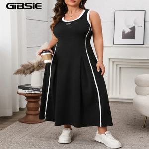 GIBSIE 플러스 사이즈 여성용 콘트라스트 O넥 민소매 A라인 원피스, 스트리트 선드레스, 롱 캐주얼 맥시 드레스, 여름 패션, 2025 신상