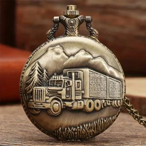 빈티지 클래식 Steampunk 청동 트럭 패턴 펜던트 목걸이 체인 시계 석영 주머니 시계 남자와 어린이를위한 절묘한 선물