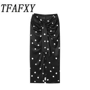 TFAFXY 2025 폴카 도트 스커트 여성 랩 주름 미디 스커트 여성 신상 패션 우아한 롱 스커트 여성 파티 스커트