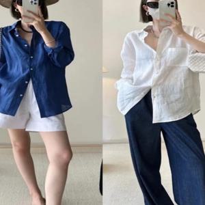 여성용 순수 린넨 셔츠 루즈핏 코튼 린넨 자외선 차단 다용도 쉐입 여름 신상 플러스 사이즈 셔츠 코트 폴로 칼라