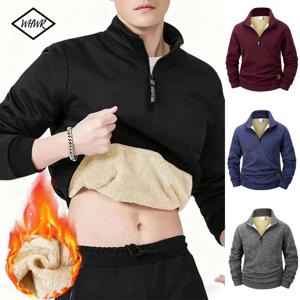 남성용 플리스 안감 스웨트셔츠 겨울용 따뜻한 풀오버 반지퍼 후드티 야외용 스웨트셔츠 단색 스탠드 칼라