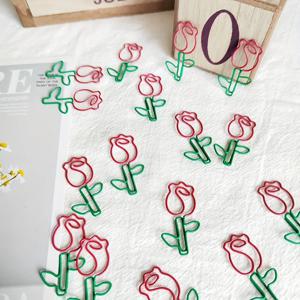 10/20pcs 장미 모양의 금속 종이 클립 녹색 잎과 함께 귀여운 꽃 디자인 빨간 꽃 스크랩북 사무실 학교 용품