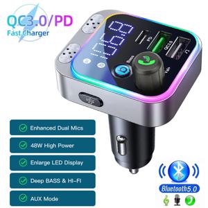 Bluetooth 5.0 FM 송신기 48W PD&QC3.0 차량용 충전기 듀얼 마이크 전압 디스플레이가 있는 깊은 저음 사운드 핸즈프리 통화 어댑터