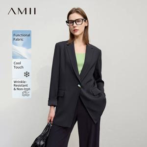 Amii 여성 자켓 2026 봄 신작 통근 버튼 숄더 패드 슈트 루즈 주름 방지 중간 및 긴 블레이저 탑 12611021
