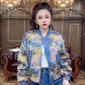 세련된 얇은 프린트 패치워크 루즈핏 양가죽 재킷, 노하시그 신상품, 출퇴근 스타일 지퍼 클로저 숏 코트