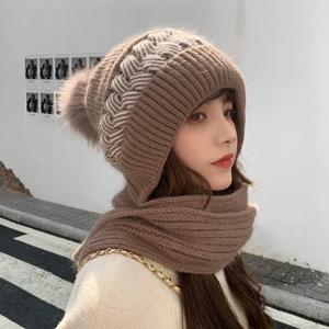 가을 겨울 두꺼운 한국 스타일 다용도 니트 모자 모직 스카프 통합 따뜻한 귀와 목 보호 여성용