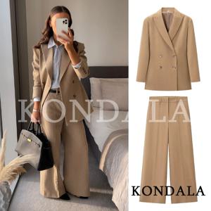 KONDALA 통근 시크 블레이저 수트 여성 슬림 더블 브레스티드 블레이저, 롱 팬츠 2026 신상 봄 패션 우아한 블레이저 팬츠 세트