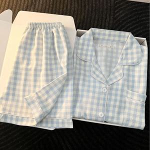 일본식 미니멀리스트 여성 잠옷 여름 버블 코튼 귀여운 소녀 루즈한 반팔 반바지 루즈한 여름 의상 세트