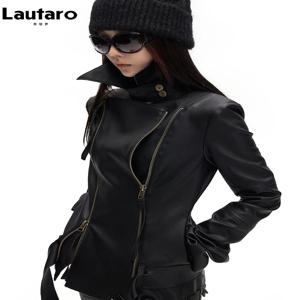 Lautaro 봄 가을 시원하고 멋진 부드러운 블랙 Pu 가죽 자켓 여성 긴 소매 더블 지퍼 럭셔리 의류 런웨이 패션