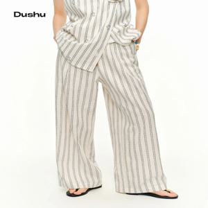 DUSHU 2026 여름 여성 스트라이프 리넨 코튼 스트레이트 레그 탄성 하이 웨이스트 통기성 캐주얼 바지 Boho Beach Coastal Style
