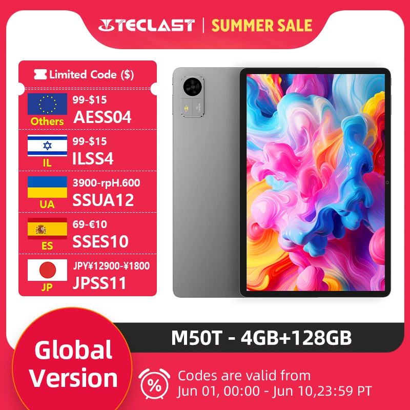 Teclast M50T 태블릿 10.1인치 HD 화면 AllWinner A537 4GB RAM+28GB 가상 128GB ROM 7000mAh 배터리 WiFi 안드로이드 16 글로벌 버전