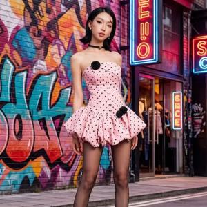 귀여운 카와이 폴카 도트 퍼프 미니 드레스 여성 스트랩리스 코르셋 바디콘 짧은 드레스 Y2K 파티 데일리용 3D 꽃 장식
