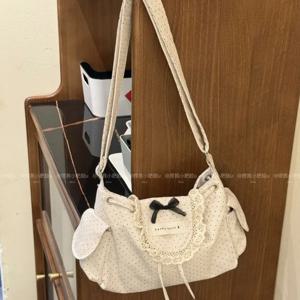 한국어 블랙 화이트 스위트 레이스 트림 폴카 도트 숄더백 심플리티 귀여운 리본 드로스트링 플랩 숄더백 학생 소녀용