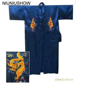 네이비 블루 중국 남성 새틴 실크 가운 자수 기모노 목욕 가운 드래곤 사이즈 S M L XL XXL XXXL S0103-E