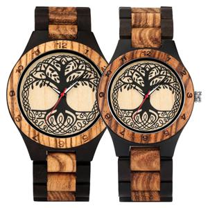 커플을위한 클래식 Zebrawood 쿼츠 시계 독특한 생활 나무 패턴 디스플레이 라운드 다이얼 팔찌 나무 밴드 남성 여성 손목 시계