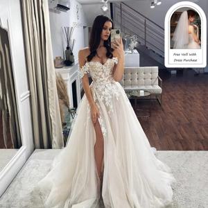 LORIE 레이스 웨딩 드레스 2022 오프 숄더 아가 목 신부 가운 사이드 분할 아플리케 CountryWeddingGown 맞춤형