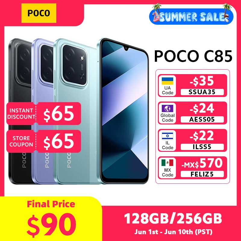 POCO C85 글로벌 버전 스마트폰 128/256GB 헬리오 G81-울트라 6000mAh 배터리 6.9인치 디스플레이 50MP 카메라 33W NFC