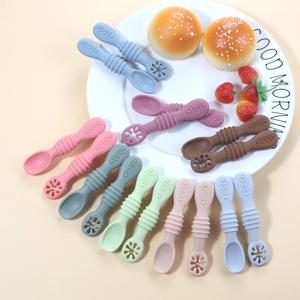 2PCS 귀여운 아기 학습 숟가락 식기 세트 식품 학년 실리콘 끈적 숟가락 어린이 칼 붙이 훈련 숟가락 먹이 식기