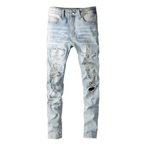 남성 크리스탈 구멍 찢어진 패치 워크 청바지 streetwear 라이트 블루 데님 슬림 스키니 펜슬 바지 바지