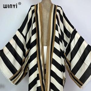 WINYI 기모노 아프리카 여름 보호 스트라이프 프린트 비치 수영복, 우아한 가디건, 섹시한 홀리데이 맥시 비치웨어, 이브닝 원피스