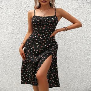 2024 여성 꽃 프린트 스파게티 스트랩 여름 Boho 비치 드레스 프린트 우아한 멜빵 스퀘어 넥 슬릿 드레스 Vestidos