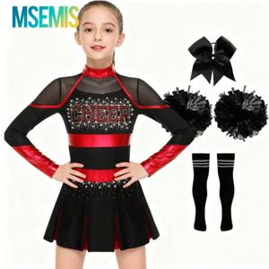 키즈 소녀 치어 리더 의상 뮤지컬 치어 리더 유니폼 학교 소녀 윤기 나는 라인 석 메탈릭 긴 소매 Pleated 드레스
