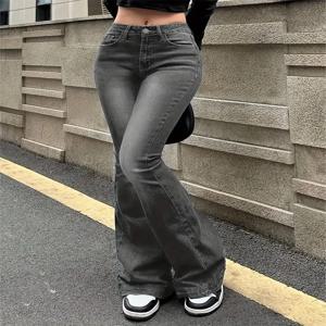 여성 플레어 스트레치 콧수염 청바지 패션 스키니 벨 바닥 하이 웨스트 그레이 데님 바지 레이디 클래식 Y2K 펑크 롱 바지