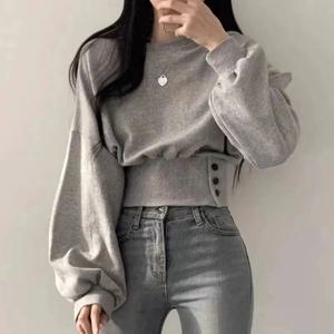 가을 여성 솔리드 오 넥 슬림 크롭 탑 랜턴 슬리브 버튼 스웨트 캐주얼 힙합 스포티 풀오버 Sweet Chic Street Wear