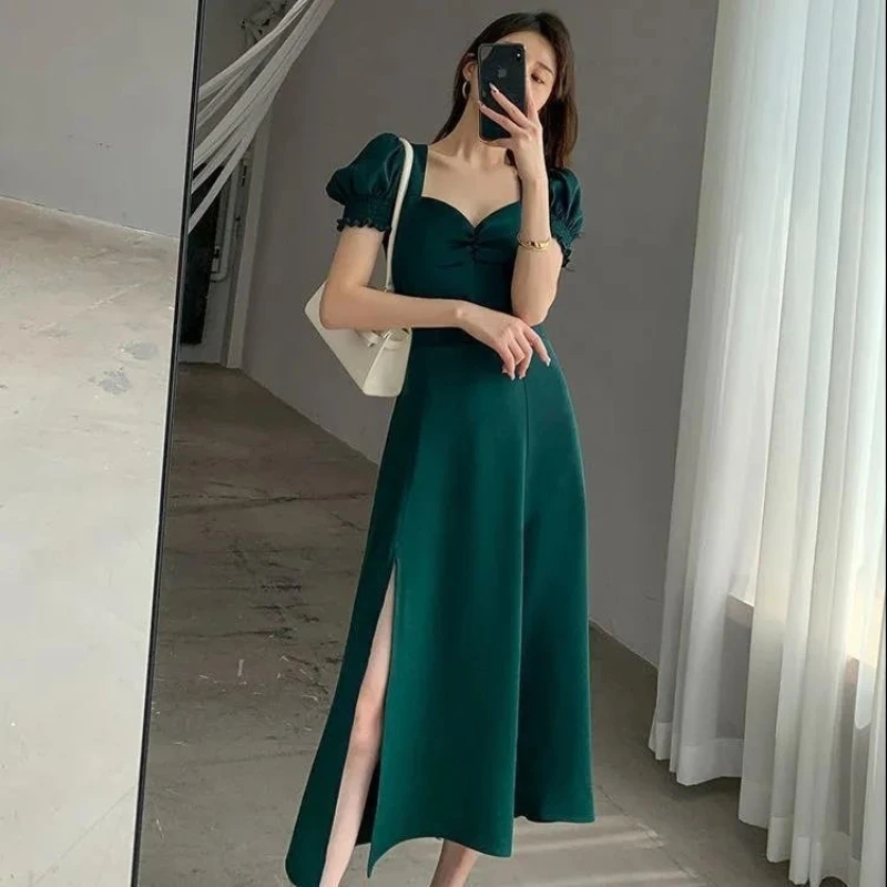 여성 여름 브이넥 퍼프 반소매 드레스 우아한 여성 사이드 슬릿 롱 A라인 드레스 솔리드 섹시 슬림 이브닝 파티 드레스