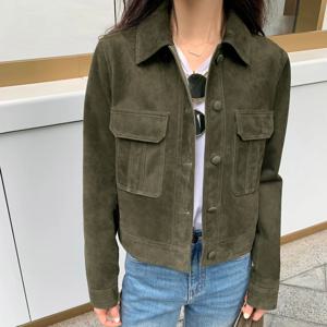 레트로 그린 정품 가죽 자켓 여성용 스웨이드 양가죽 라펠 칼라 싱글 브레스트 여성 캐주얼 긴팔 짧은 자켓