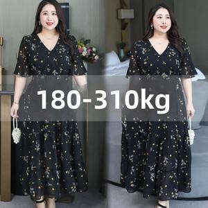 플러스 사이즈 여름 플로럴 프린트 쉬폰 원피스 슬리밍 웨이스트 히든 벨리 큰 사이즈 300파운드 한국 스타일 V넥 A라인 스커트