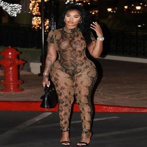 이상한 Puss Serpentine Jumpsuit 여성 등이없는 짧은 소매를 통해 볼 섹시한 맞는 여름 운동 작업복 스트레치 버튼 Clubwear