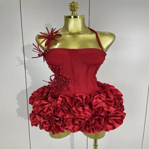 섹시한 홀터넥 댄스 파티 드레스 연예인 클럽 두 조각 세트 칵테일 우아한 여성 패션 럭셔리 생일 파티 레드 블랙 붕대 복장
