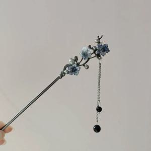 클래식 헤어 스틱 젓가락 잉크 색상 꽃 금속 프린지 헤어핀 여성용 진주 블랙 비즈 치파오 헤어 번 쥬얼리 선물