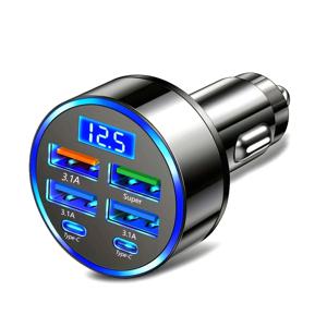 6-in-1 고속 충전 차량용 어댑터 3.1A 듀얼 Type-C 디지털 디스플레이 스마트폰 태블릿 보조베터리 검정색 휴대용 충전기
