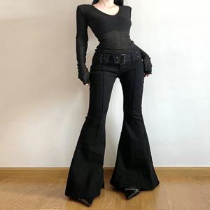 여성용 블랙 진 플레어 팬츠 Y2k 레트로 이모 2000년대 스트리트웨어 패션 바지 하라주쿠 와이드 요가 팬츠 90년대 미학 의류
