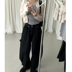 하이웨이스트 와이드 레그 캐주얼 패셔너블 아메리칸 레트로 데님 진 여성용 플로어 기장 포켓 장식 카고 스타일