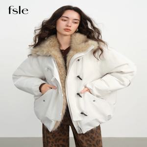 FSLE 2025 겨울 여성 숏 농장 스타일 재킷 - 오버사이즈 유틸리티 파카 코트 플러시 퍼 칼라 멀티 포켓 캐주얼 컴포트