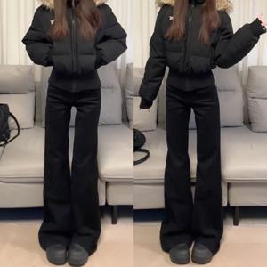 두꺼운 플리스 안감 하이웨이스트 슬리밍 블랙 벨보텀 청바지 여성 겨울 패션 살짝 플레어 데님 팬츠 따뜻한 코튼 스트레치