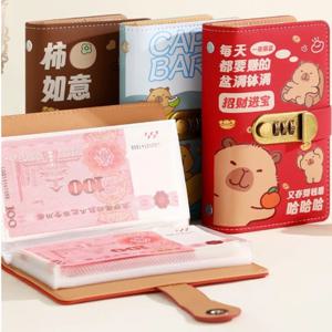 만화 카피바라 저금통 비밀번호 잠금장치가 있는 PU 가죽 플래너 오거나이저 저축 핸드북 현금 봉투