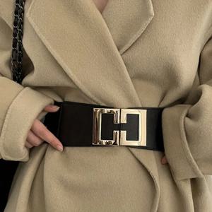 패션 기하학적 버클 와이드 벨트 블랙 캐주얼 탄성 벨트 우아한 드레스 코트 벨트 여성용